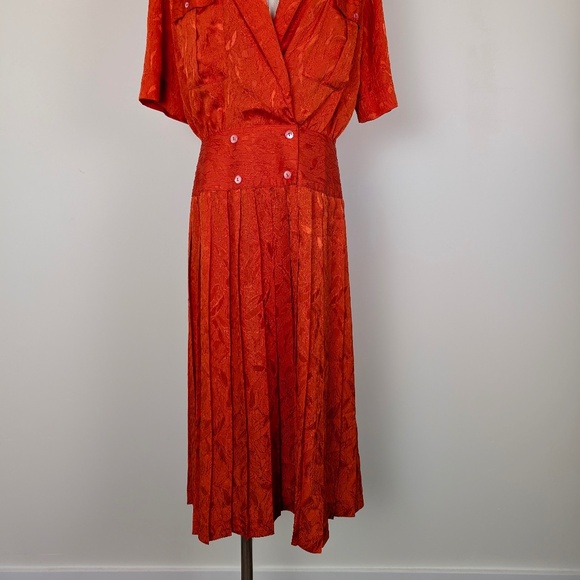 80s Orange Midi Dress Drop Waist Peplum Doubled Breasted Collar V-Neck - Picture 4 of 11